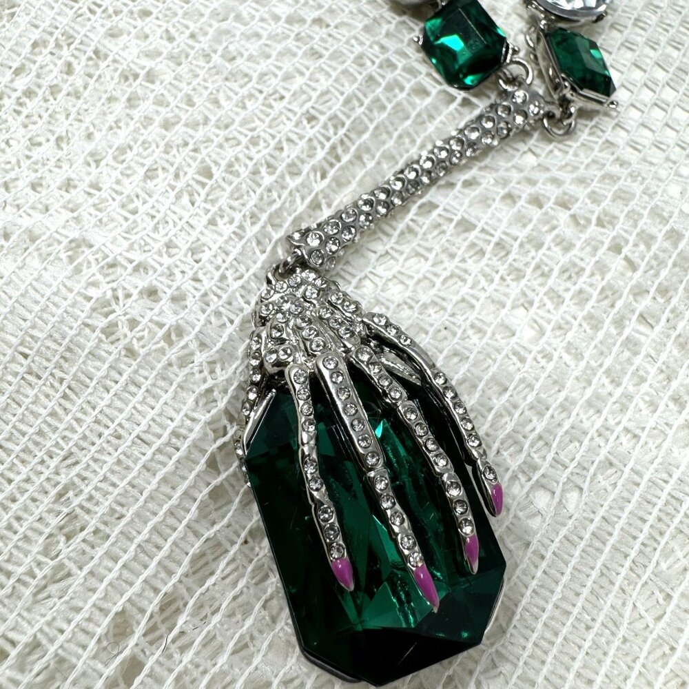 Betsey Johnson Necklace With Green & Pink Gemstones Skelton Hand
